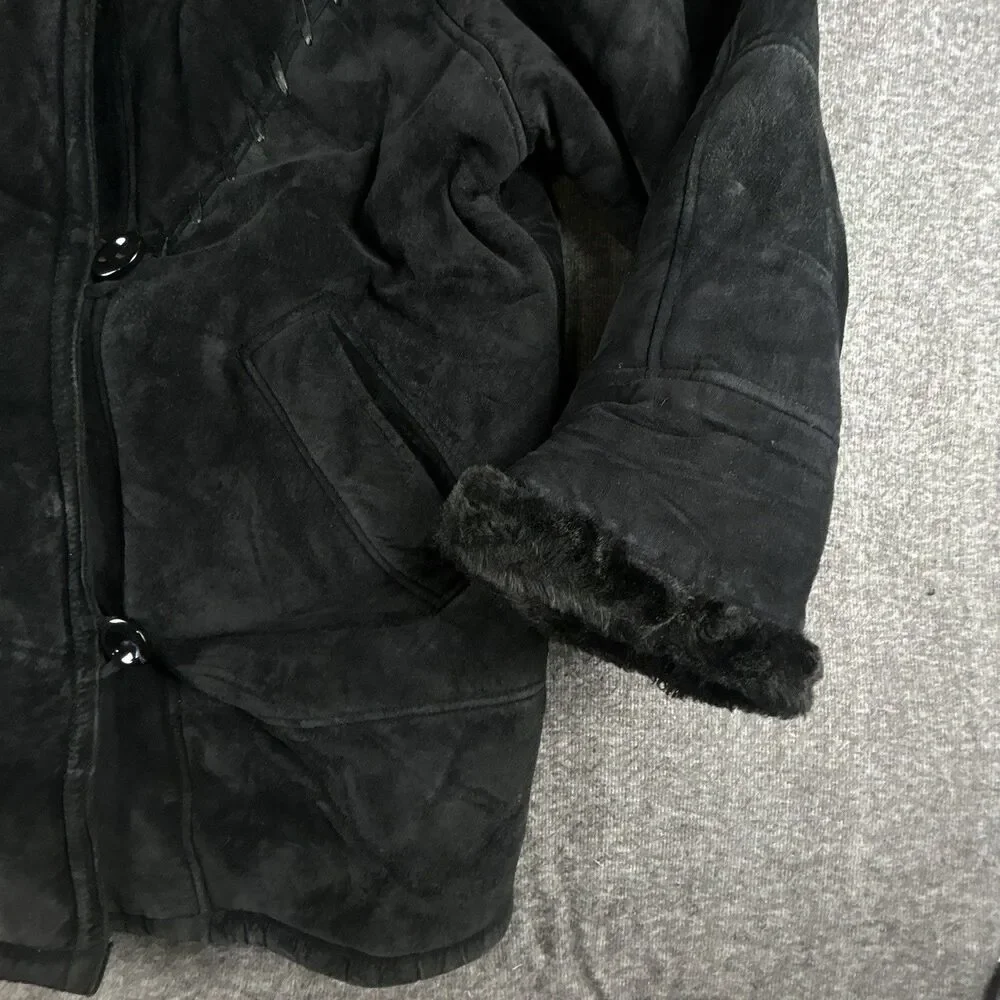 Gallery Genuine Suede Leather Coat Womens Sz M Black Faux Fur Lining & Trim Warm - Picture 5 of 12